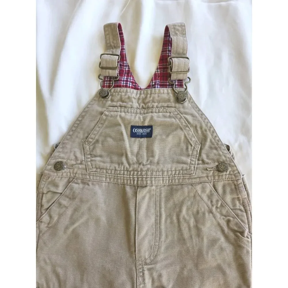 Oshkosh Overalls Toddler 18 Months Old Tan Denim 100% Cotton Red Plaid Lining
